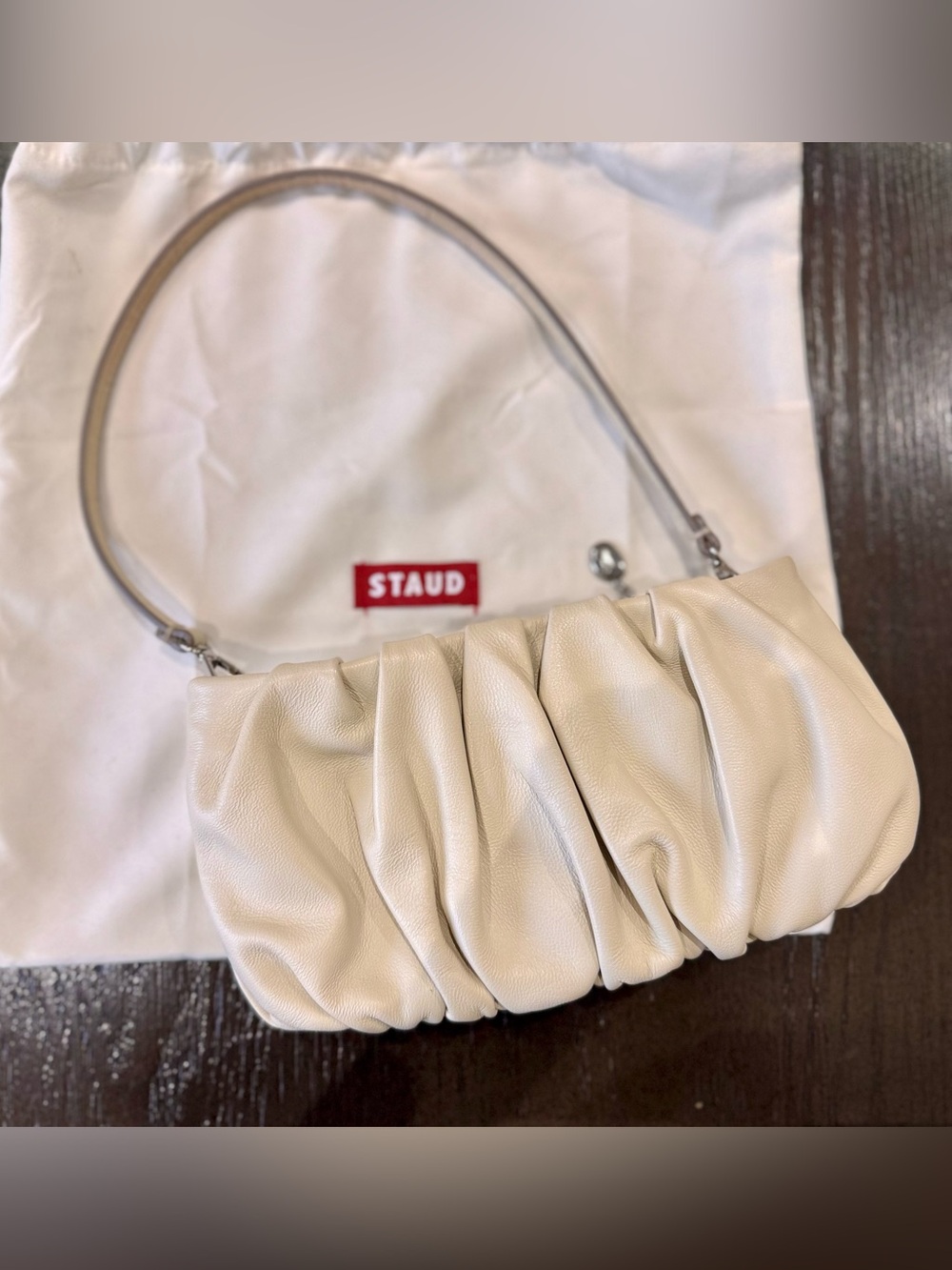 STAUD Ivory Ruched Leather Shoulder Bag